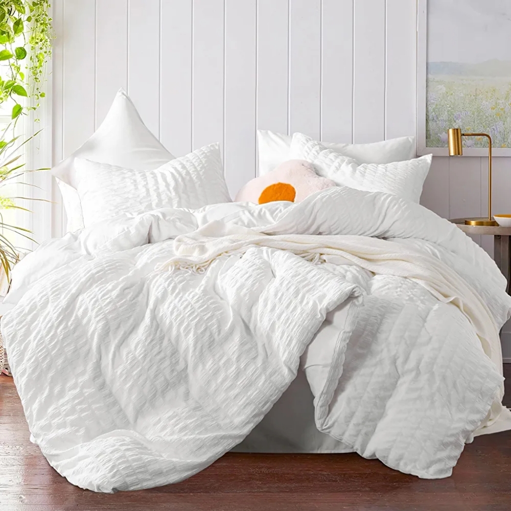 3 Pieces Queen Duvet Cover Set, Seersucker Textured Stripe Washed Microfiber